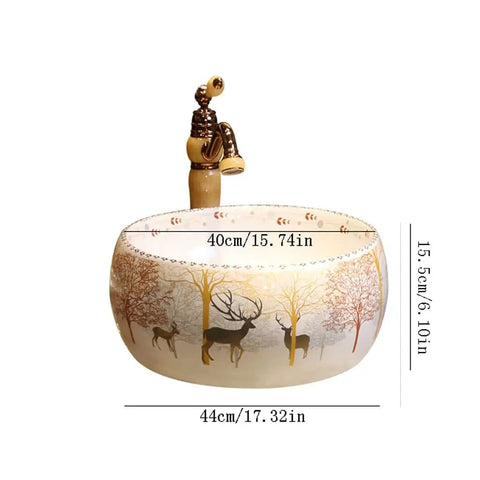 USZWBY Vessel Sinks Bathroom Vessel Sink Nordic Round Ceramic Washbasin with forest art, 44cm diameter, 15.5cm height.