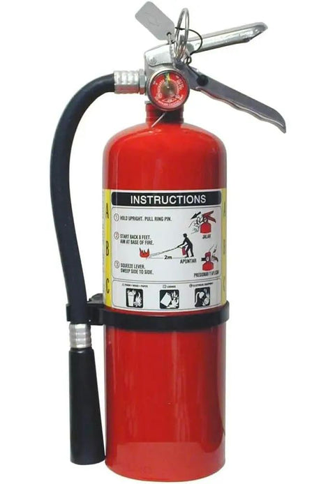 Pack Of 3 5 LB ABC Dry Chemical Fire Extinguishers With Heavy Duty Vehicle Brackets UL Listed 2A 10BC Rating showing red fire extinguisher.