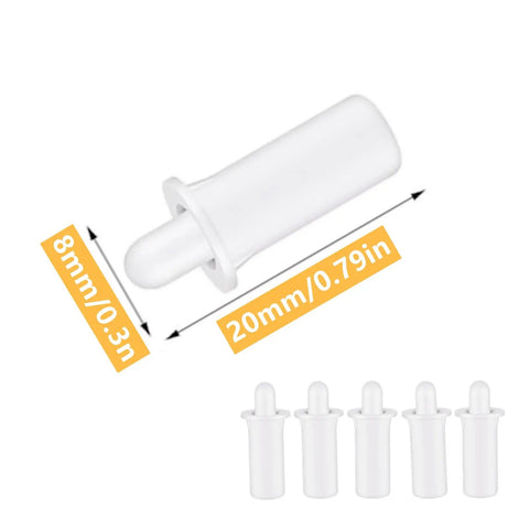 No Grunt Work Needed Spring Loaded Shutter Repair Pins For Plantation Blinds showing five white pivot pins measuring 20mm and 8mm.