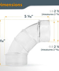Rock Solid 2.5 Inch OD 90 Degree Elbow Dust Collector Connector In Clear ABS Plastic showing dimensions for precise installation.