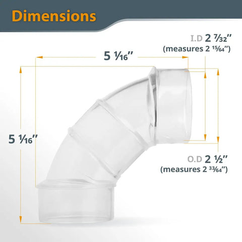 Rock Solid 2.5 Inch OD 90 Degree Elbow Dust Collector Connector In Clear ABS Plastic showing dimensions for precise installation.