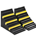 Two Pack Heavy Duty Extra Large Solid Rubber Wheel Chocks With Portable Handle For Travel Trailer, Truck, RV And Commercial Vehicles Keeps Wheels In Place On Driveways, Ramps And Campsites, shown in front view with yellow stripes