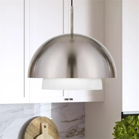 Bold 15.75 Inch Brass And White Glass Pendant Light, Two-Tone Metal Shade With Frosted Interior, Kitchen Fixture
