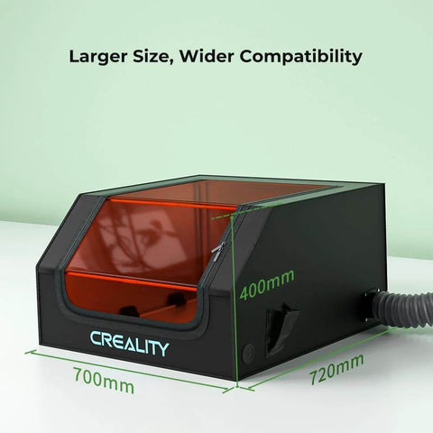 Creality laser engraver enclosure in black metal with orange front window, fireproof and dustproof with exhaust pipe