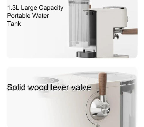 Slick Dual Boiler Semi Automatic Espresso Machine With Built In Grinder And Cold Brew Function 20 Bar Pressure 2100 Watt Motor, showcasing 1.3L portable water tank and solid wood lever valve.
