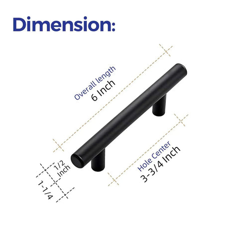 Six Pack 6 Inch Cabinet Pulls Sleek Matte Black Stainless Steel Kitchen Cupboard Handles Center To Center 3.75 Inch Spacing Durable Modern Hardware For Cabinets, showing overall and hole center dimensions.