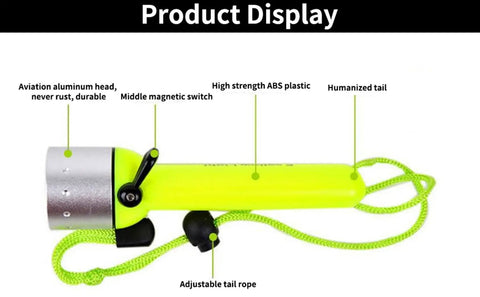 Underwater Dive Light 180LM LED Flashlight featuring aluminum head, magnetic switch, ABS body, and tail rope for scuba and snorkeling.