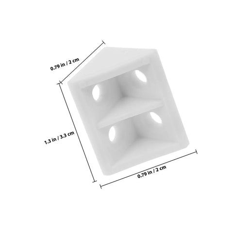 White Plastic Corner Brackets 20-Pack, 90-Degree Shelf Supports With Four-Hole Design shown with dimensions