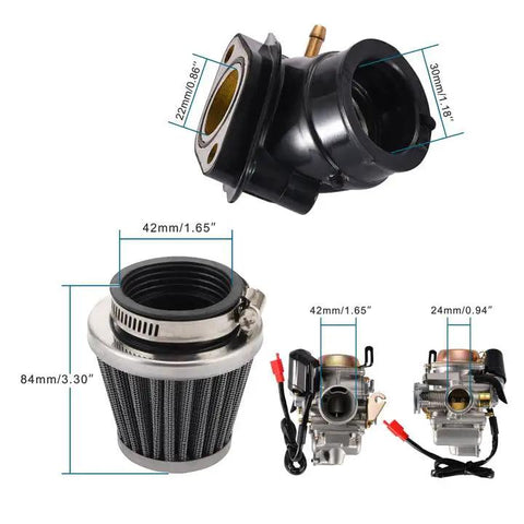 24mm PD24J Carburetor With Air Filter Intake Manifold For 4 Stroke GY6 125cc 150cc Engine Setup, showing dimensions and components.