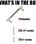 Image showing contents of 12 Pack 3 Inch Barrel Cabinet Pulls Gold And Grey Aluminum Handles For Cabinets And Drawers, including 12 handles and screws.