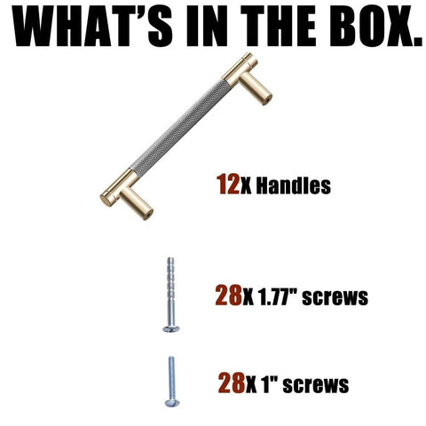 Image showing contents of 12 Pack 3 Inch Barrel Cabinet Pulls Gold And Grey Aluminum Handles For Cabinets And Drawers, including 12 handles and screws.