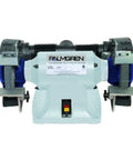 Badass 8 Inch Bench Grinder With Rock Solid 3 4hp Three Phase Motor And Slick Dust Extraction Setup For Heavy Metal Fabrication and Tilt Angled Grinds In Your Workshop, front view.