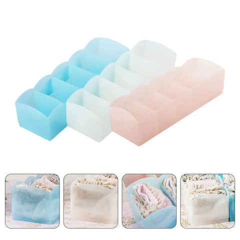 Keep Your Dresser Slick With This Heavy Duty Stackable Underwear Organizer Box Featuring Five Secure Grid Dividers For Neat Sock And Undergarment Storage Drawer in various pastel colors.