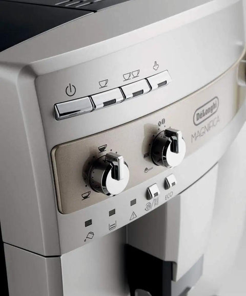 Close-up of control panel on Premium Super Automatic Espresso And Coffee Maker With Integrated Burr Grinder Bean To Cup Brewing Silver Model.