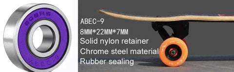 ABEC 9 Chrome Steel Skateboard Bearings in purple, shown next to skateboard. 608 size, 22x7x8 mm, high speed with shielded seals.