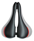 Top view of black width adjustable bike seat for comfort and prostate friendly rides, with three width settings for various bikes.