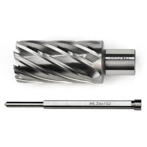 Oscarbide annular cutter with Weldon shank; 1-1/4 in cutting diameter, 2 in depth; two-piece mag drill bit set