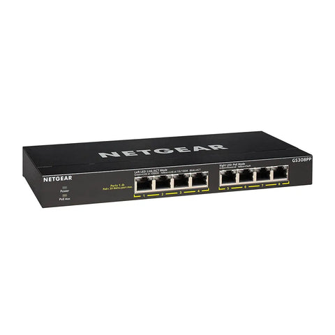 8-Port PoE Plus Gigabit Ethernet Unmanaged Essentials Switch With 83W Budget For Power, desktop view, model GS308PP