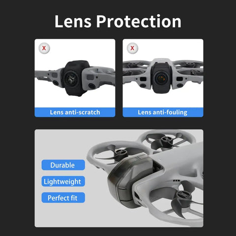 Lens Cap Replacement For Avata 360 Drone Protective Cover Scratch Resistant Dust Proof Lens Protector Pro Grade Clip On Shield made from PC material, demonstrating lens anti-scratch and anti-fouling protection.