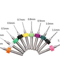 Handy Pin Vise Drill Set For Crafting And Jewelry Making, showing 10 different-sized tiny twist drills with colorful rings for PCB projects.