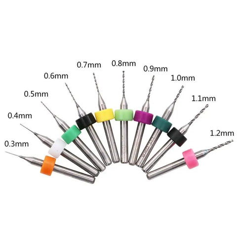 Handy Pin Vise Drill Set For Crafting And Jewelry Making, showing 10 different-sized tiny twist drills with colorful rings for PCB projects.