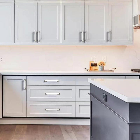 Modern kitchen with Polished Nickel Cabinet Pulls 10 Pack Five Sixteenths Inch Center Hole Cabinet Hardware on white cabinets.
