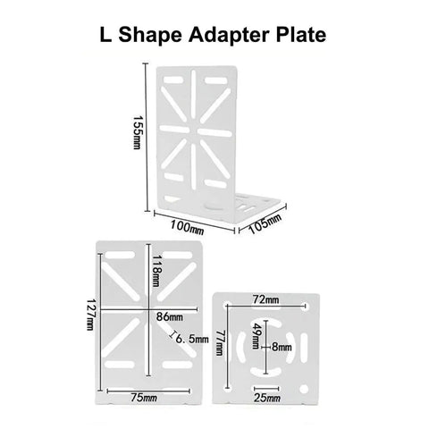 L shape adapter plate showing dimensions for sturdy steel CCTV camera mount bracket adapter with large plate fitment.
