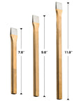 Three chisels from the Rock Hounding Kit With 22 Oz Hammer And 3 Chisels Set Dope Musette Bag Jeweler Loupe And Gloves, sizes 7.8, 9.8, 11.8 inches.