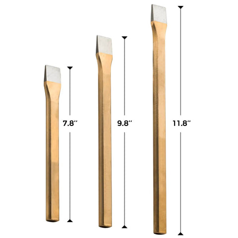 Three chisels from the Rock Hounding Kit With 22 Oz Hammer And 3 Chisels Set Dope Musette Bag Jeweler Loupe And Gloves, sizes 7.8, 9.8, 11.8 inches.