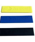 Three silicone paddle blade tip protectors in yellow, blue, and black for Dragon Boat paddles, size 38mm by 177mm