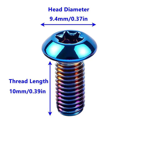 M5 X 10mm 10 Pack Torx T25 Head Screws 304 Stainless Steel Bolts with blue titanium coating, head diameter 9.4mm.