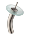 Tall Waterfall Vessel Sink Faucet With Frosted Glass Disk And Satin Nickel Finish KGW 1700 SN FR A Dope Bathroom Showpiece That Delivers Smooth Flow And Built To Last, side view with curved spout