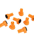 Set Of 8 19mm Nylon Bench Dogs For Woodworking, Non Marring Workbench Pegs With Clamping Pads visibly arranged on surface.