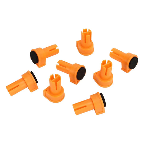 Set Of 8 19mm Nylon Bench Dogs For Woodworking, Non Marring Workbench Pegs With Clamping Pads visibly arranged on surface.