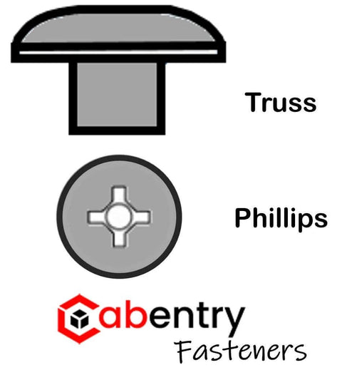 Diagram of Three Quarter Inch Number Eight Truss Head Wood Screws With Phillips Drive, Deep Threads, Sharp Point, Black Phosphate Finish.