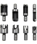 Kickass Eight Piece Wood Plug Cutter Drill Bit Set Offering Straight And Tapered Options For Heavy Duty DIY Projects And Home Renovations, steel bits in various sizes.