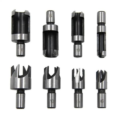 Kickass Eight Piece Wood Plug Cutter Drill Bit Set Offering Straight And Tapered Options For Heavy Duty DIY Projects And Home Renovations, steel bits in various sizes.