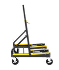 Side view of Drywall Cart Dolly With 1800 Lb Load Capacity And Expandable Deck, steel frame, 4 swivel casters, yellow rubber guards.