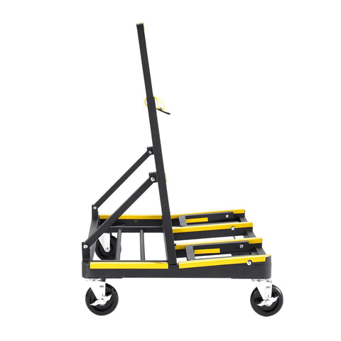 Side view of Drywall Cart Dolly With 1800 Lb Load Capacity And Expandable Deck, steel frame, 4 swivel casters, yellow rubber guards.