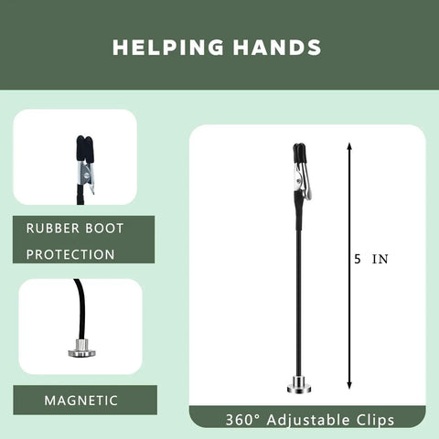 Helping Hands Soldering Station arm with magnetic base, 5-inch length, flexible arm clips, rubber boot protection visible.