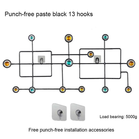 Slick Wall Mounted Coat Rack Door Hook Organizer features 13 hooks with decorative stones, punch-free design, and black iron build.