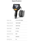 Real Deal 1080P Borescope Camera With Blinding LED Flash And Hella Sharp 4.3 Inch IPS Screen showing specifications and design.
