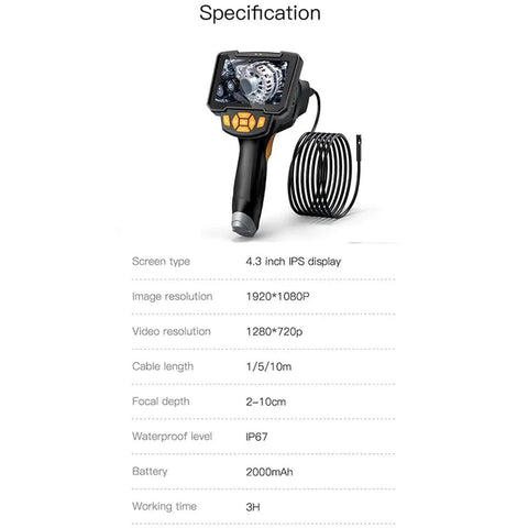Real Deal 1080P Borescope Camera With Blinding LED Flash And Hella Sharp 4.3 Inch IPS Screen showing specifications and design.