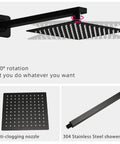 Dope Matte Black Shower Faucet Set With Tub Spout And Luxury Rain Mixer System showing 360° rotation and anti-clogging nozzle