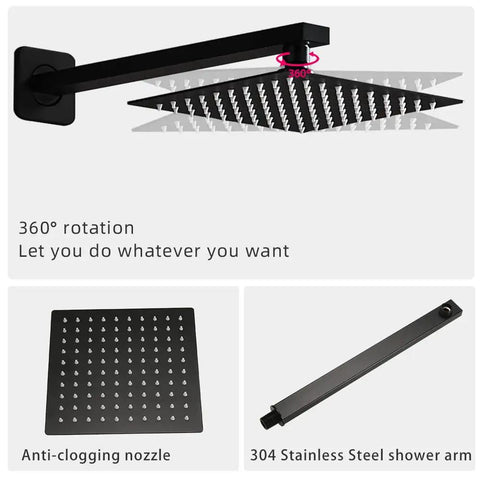 Dope Matte Black Shower Faucet Set With Tub Spout And Luxury Rain Mixer System showing 360° rotation and anti-clogging nozzle