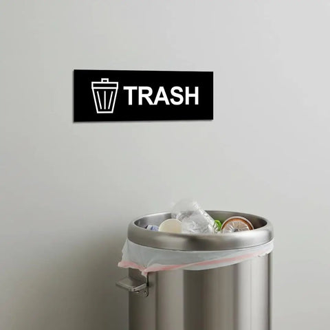 Basic Trash Sign Brushed Silver Small For Walls Or Doors, Durable Plastic With Clear Text, No Tool Needed Fast Install on wall