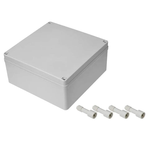Weatherproof 6x6x3 Inch IP65 Junction Box Made From PS Plastic Electrical Enclosure For Indoor Or Outdoor Use Rugged Universal Conduit Project Box Dustproof And Rainproof Ideal For Control Panels Garden Lighting Security Systems 4 Pack with connectors.