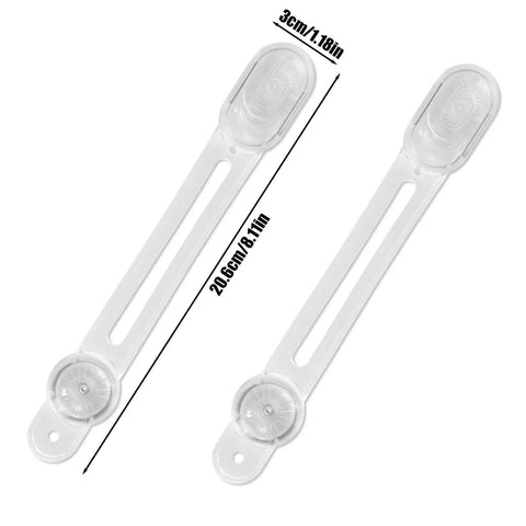 Two Pack Clear Reptile Terrarium Slider Lock Featuring Heavy Duty Adhesive Mount No Drill Needed For Bearded Dragon Cages And Cabinet Latches, clear plastic locks measuring 20.6cm and 3cm.