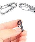 30 Piece Mini Carabiner Clip Set, Tiny Zinc Alloy Spring Snap Hooks showcased in hand and silver variants on top, durable lightweight quick clip clamps.