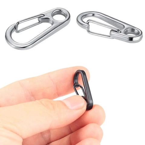 30 Piece Mini Carabiner Clip Set, Tiny Zinc Alloy Spring Snap Hooks showcased in hand and silver variants on top, durable lightweight quick clip clamps.